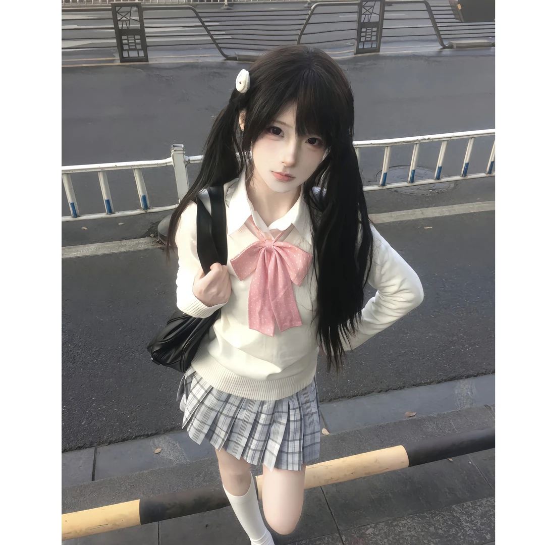 火星JK原创 飘雪格裙 jk制服百褶裙日系校供白色V领套头毛衣套装