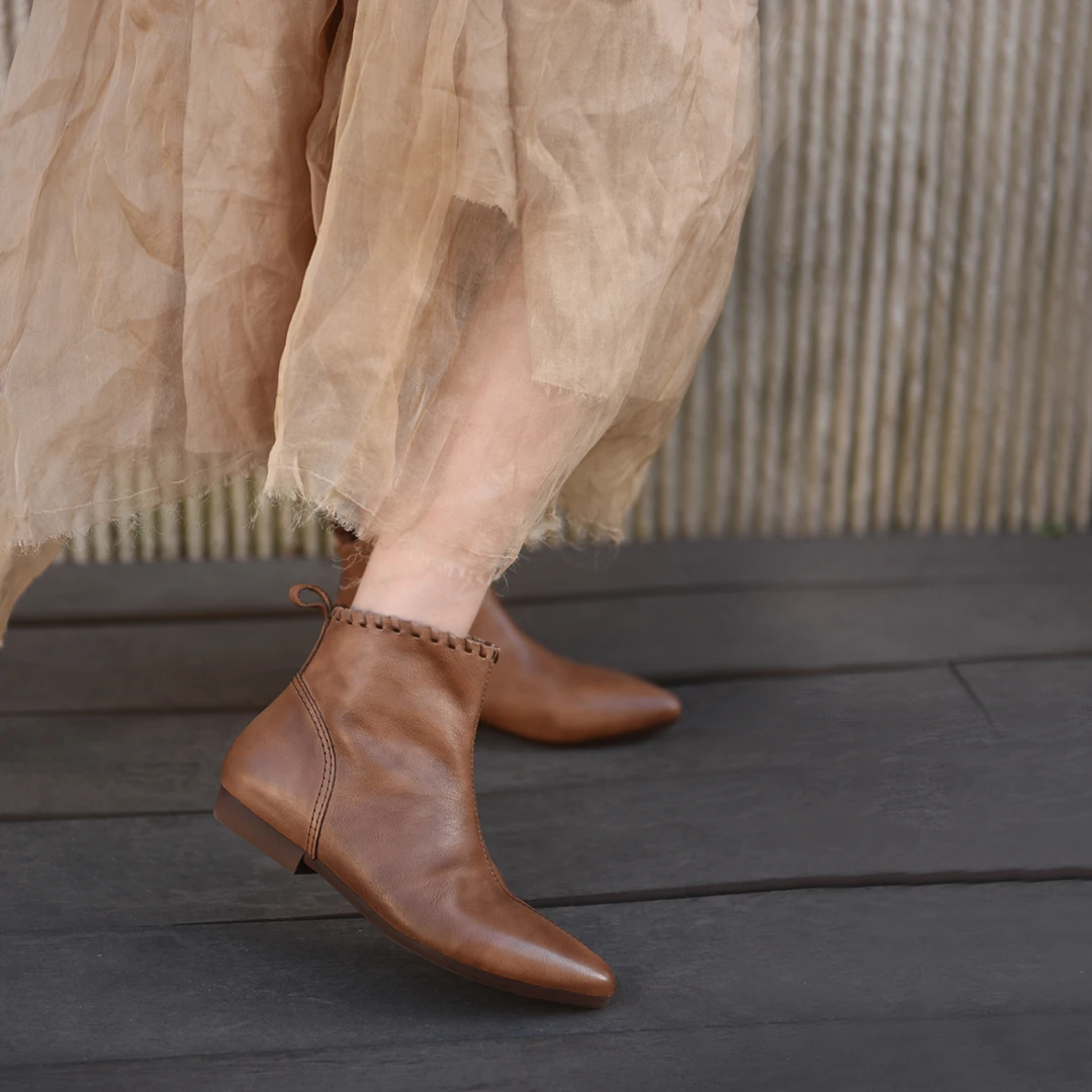 Artmu阿木真皮复古美拉德棕色靴子平底尖头短靴缝边显瘦1826-137