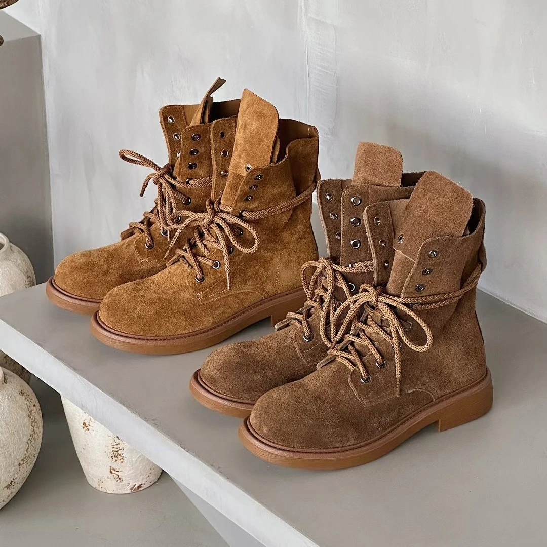 欧货复古头层牛皮两穿马丁靴女2025秋冬新款骑士靴厚底增高中筒靴