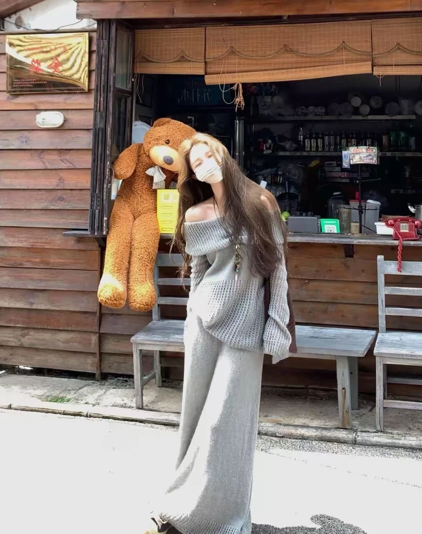 19211秋季新款韩系纯欲辣妹一字肩针织长袖上衣休闲半身裙套装