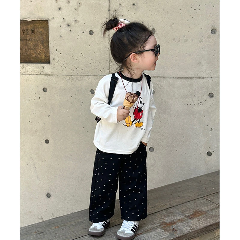现货新款女童长袖T恤春秋韩版卡通米奇可爱休闲白色上衣服裝透气