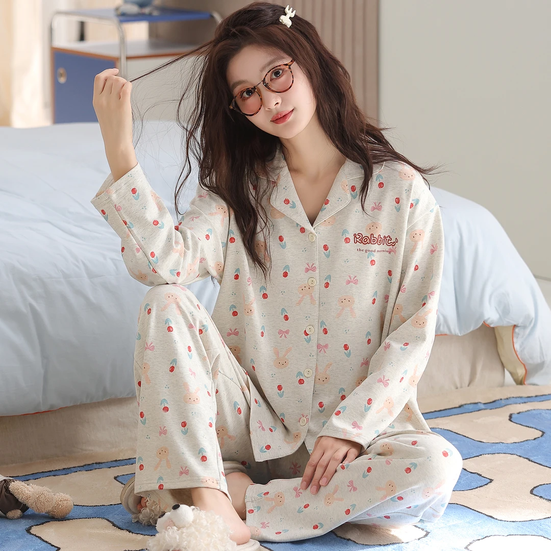 卡之恋女浅灰长袖40支紧赛精梳双面纯棉开衫家居服【中厚全棉240g】