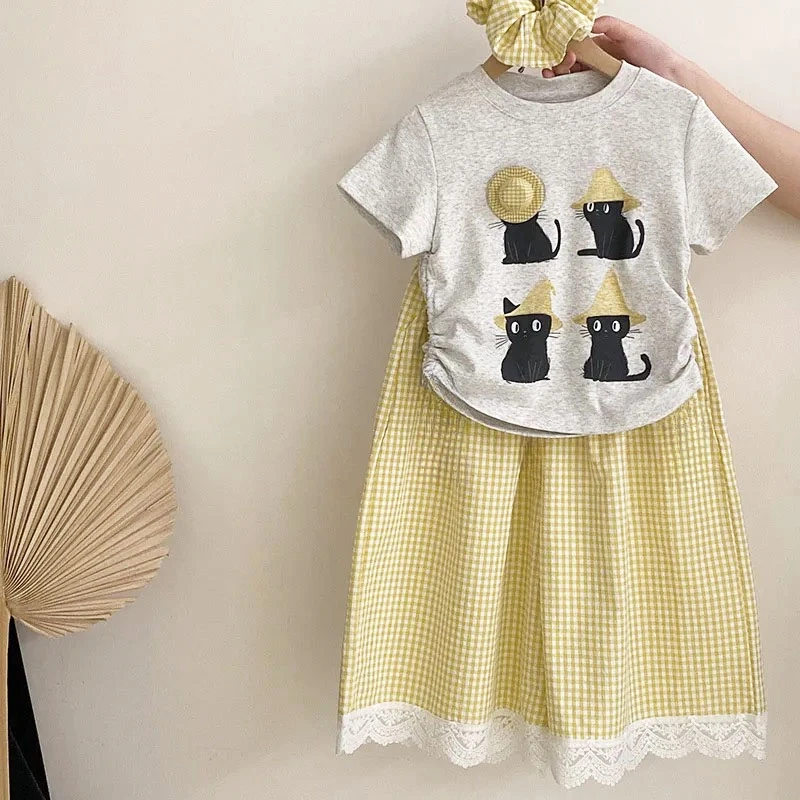 女童套装夏季2025新款儿童洋气短袖T恤夏装女孩格子阔腿裤两件套