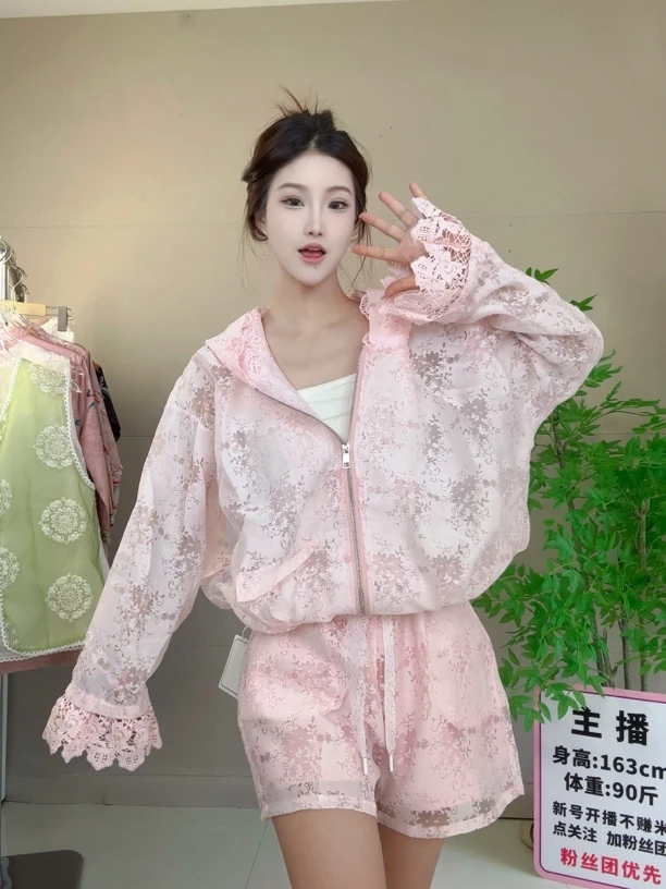 夏日绝美小套装设计感蕾丝连帽上衣外套女防晒衫➕短裤两件套潮