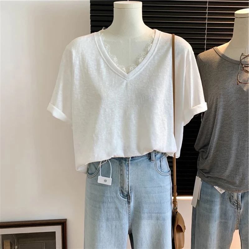 卡莲格半袖V领蕾丝边短袖T恤女夏季新款慵懒风韩版薄款打底衫上衣