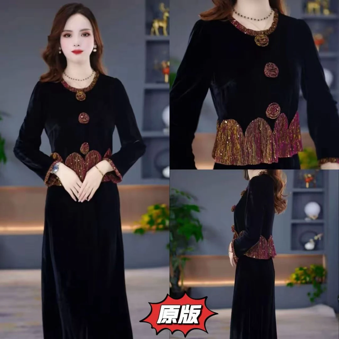 高档卡丹绒时尚假两件连衣裙2025秋季新款显瘦洋气轻奢减龄礼服裙