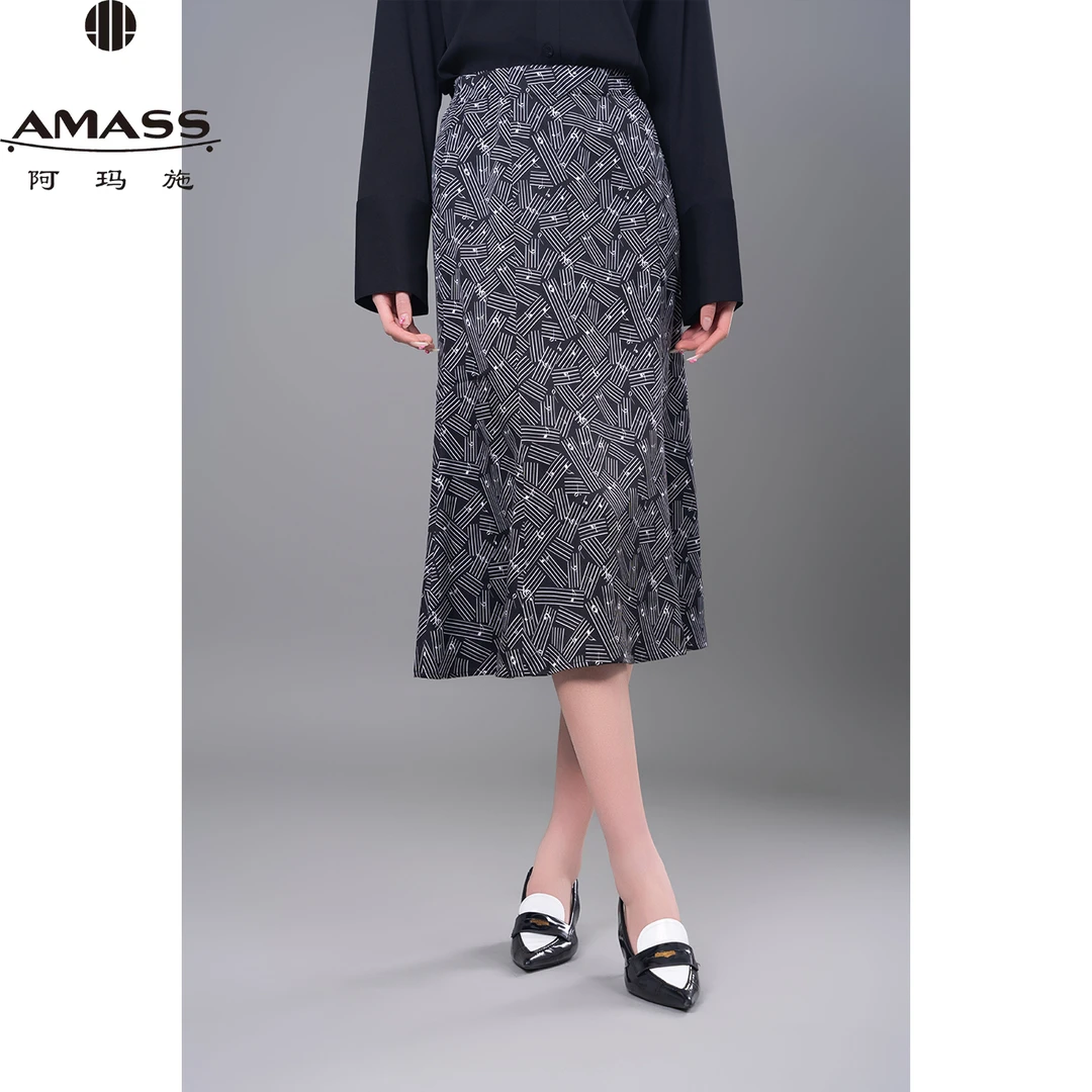 AMASS/阿玛施早春新款气质优雅复古印花鱼尾中长款半身裙 5200404