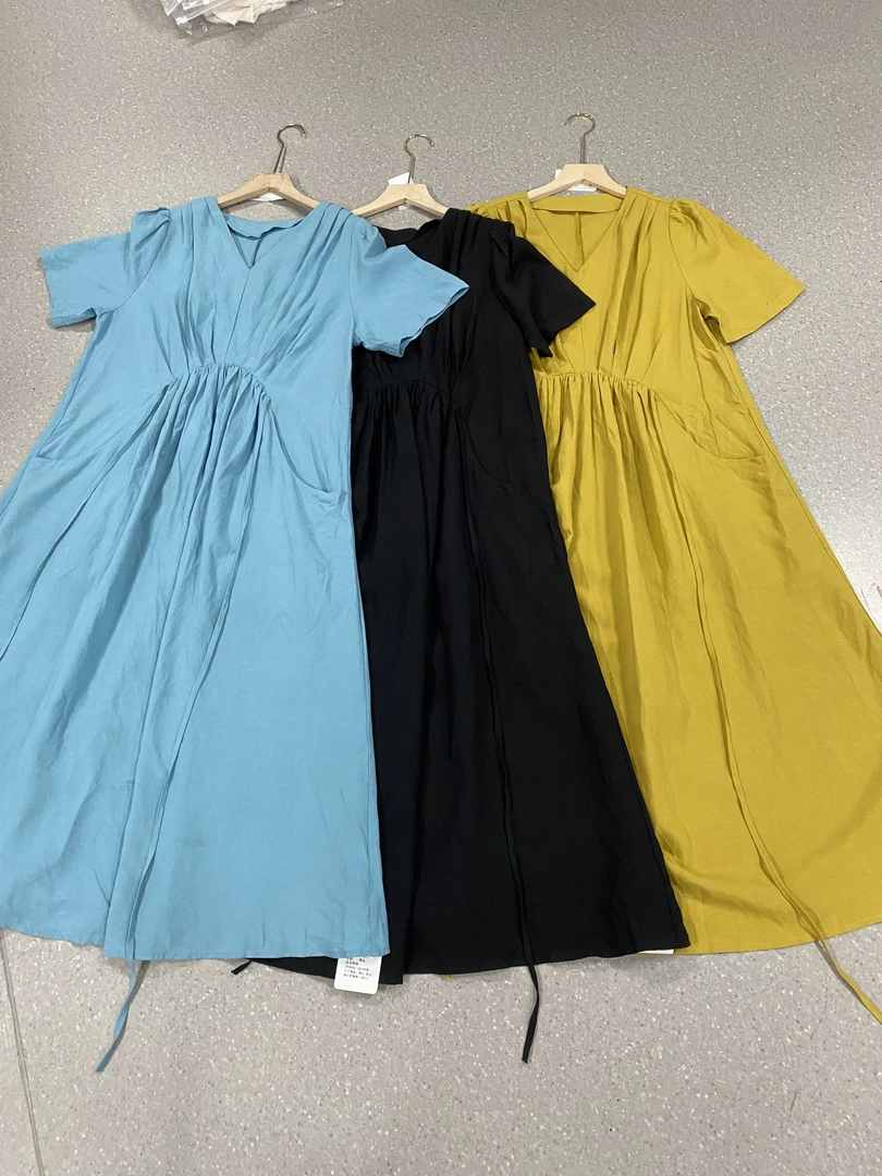 V领休闲风夏季高腰连衣裙长款韩版女装简约百搭