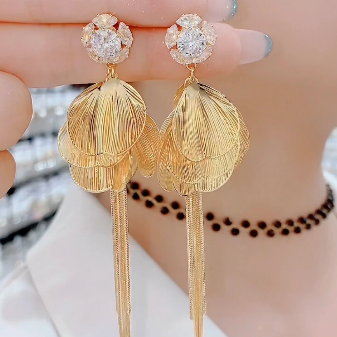 铜合金合成锆石耳饰 012时尚简约百搭气质银杏叶流苏显瘦耳钉耳环