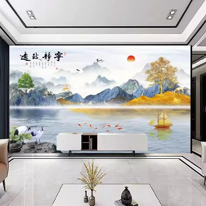 定制宁静致远新中式山水壁画电视背景墙客厅茶室办公室沙发墙壁纸