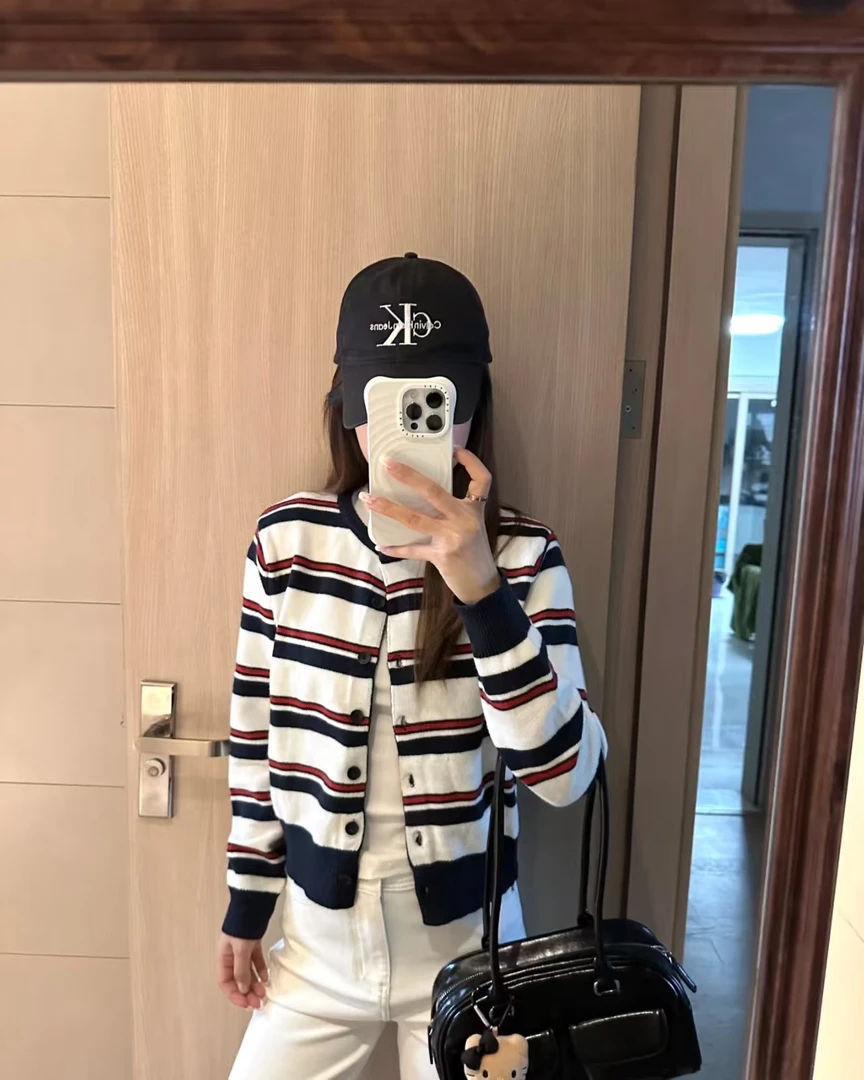 撞色条纹针织开衫女2025早秋季新款慵懒风小个子短款毛衣外套上衣