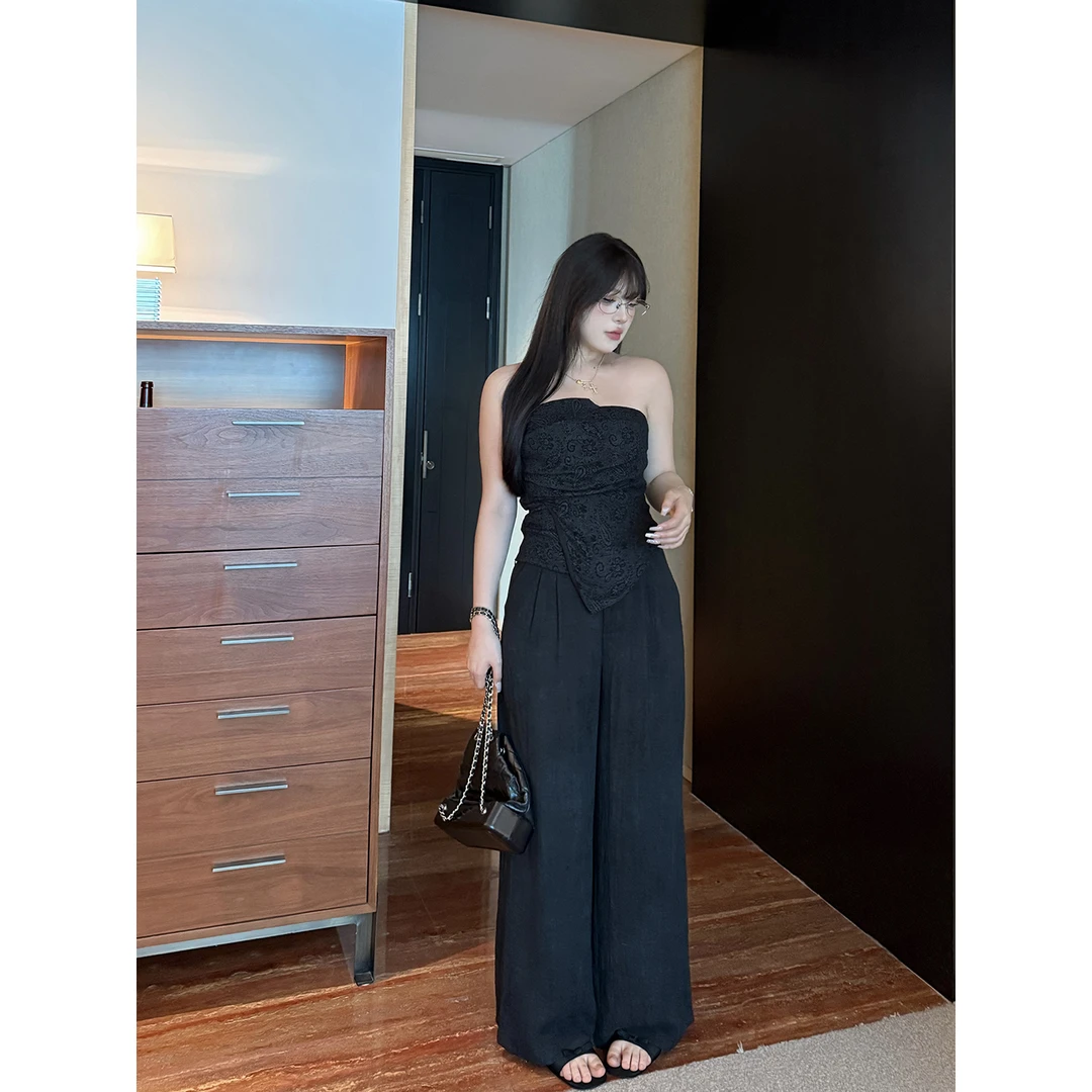 黑泽玄七「vip赛高黑系列」腰果花抹胸套装防滑条露肩衣炒色休闲裤