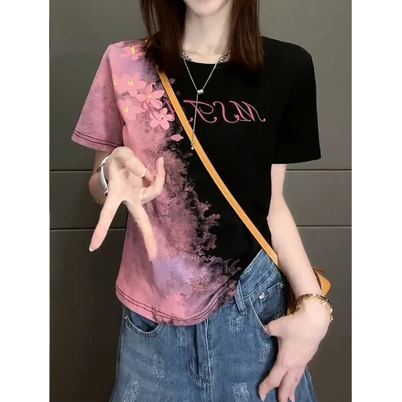 女生韩系ins衣服大码女夏季设计感欧货洋气正肩短袖恤胖显瘦遮肉