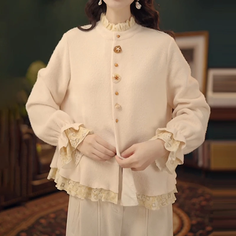 设计感撞色单排扣针织开衫女2025冬季新款圆领拼接蕾丝休闲上衣潮