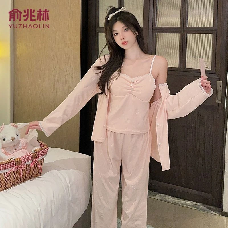 俞兆林甜美睡衣冬季三件套吊带花边法式长袖高级感家居服套装