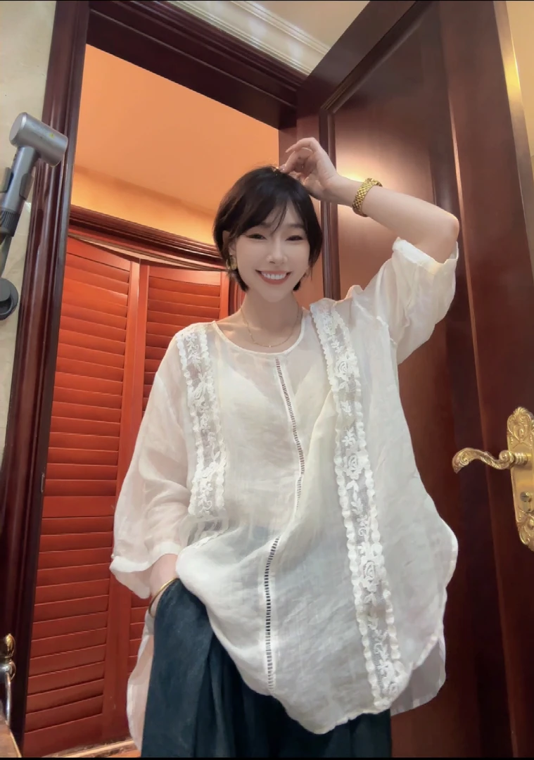 WDD 复愫街中袖蕾丝苎麻花边衬衫