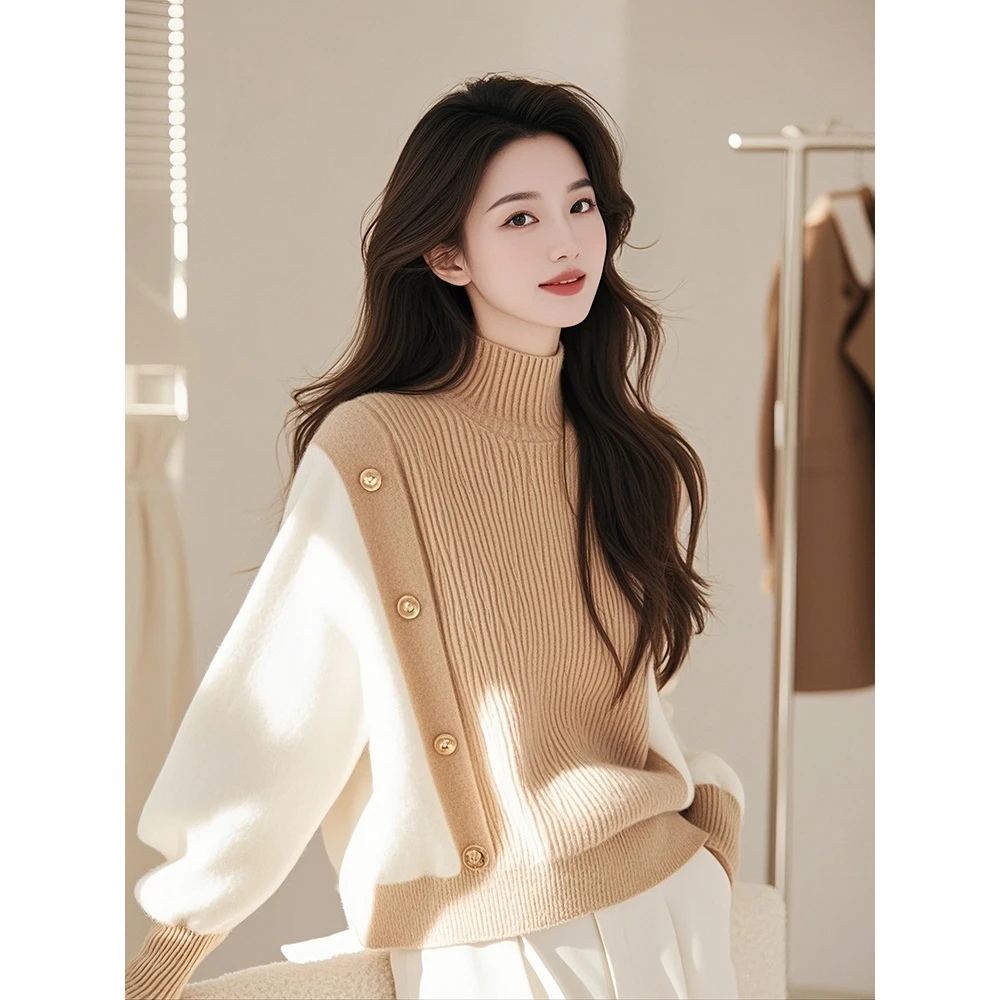 JY#撞色高领针织衫毛衣女装2025春新款设计感长袖上衣DY12159