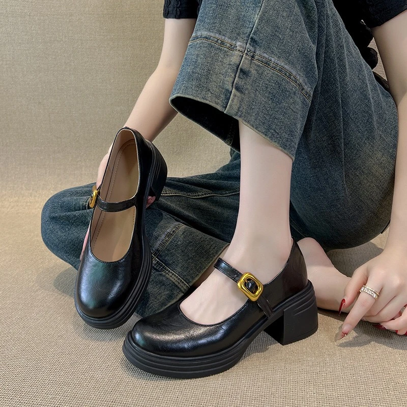 法式复古高跟玛丽珍鞋夏季黑色单鞋厚底百搭粗跟鞋英伦风女鞋圆头