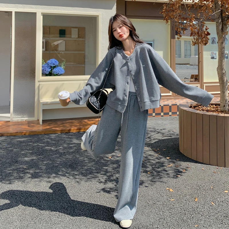 灰色休闲棒球服套装春秋女2025新款小个子宽松显瘦阔腿裤两件套潮
