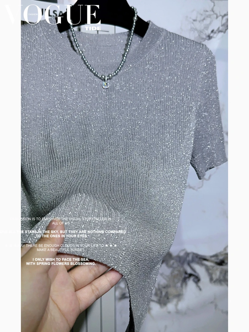 【银河灰】夏季高定意大利水晶纱线细闪百搭时尚气质针织圆领短袖