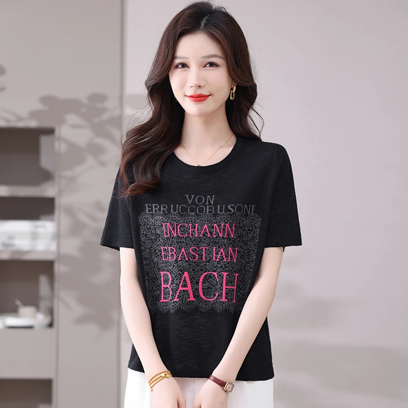 品牌女装夏季2025新款竹节麻短袖T恤女薄款大码宽松针织洋气上衣