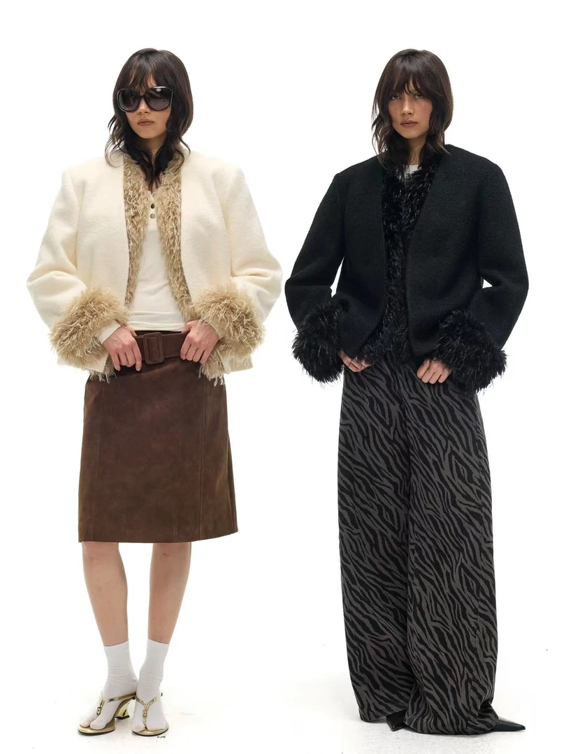 OPEN ENROLLMENT Sow Woolen Coat 可脱卸毛毛羊绒呢料外套 米/黑