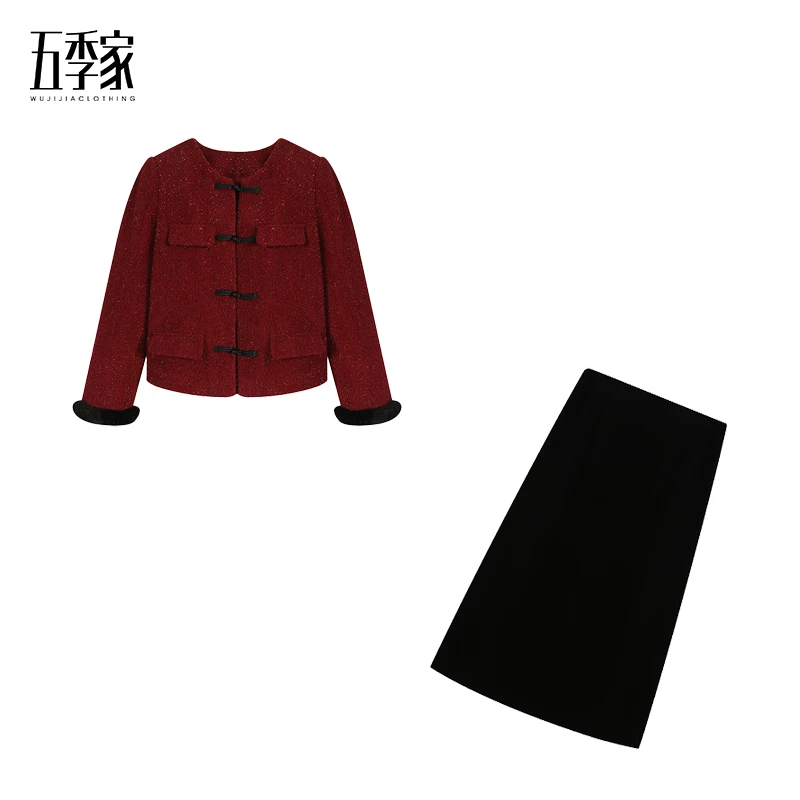 中式复古红色上衣+黑色长半裙两件套ZL100763