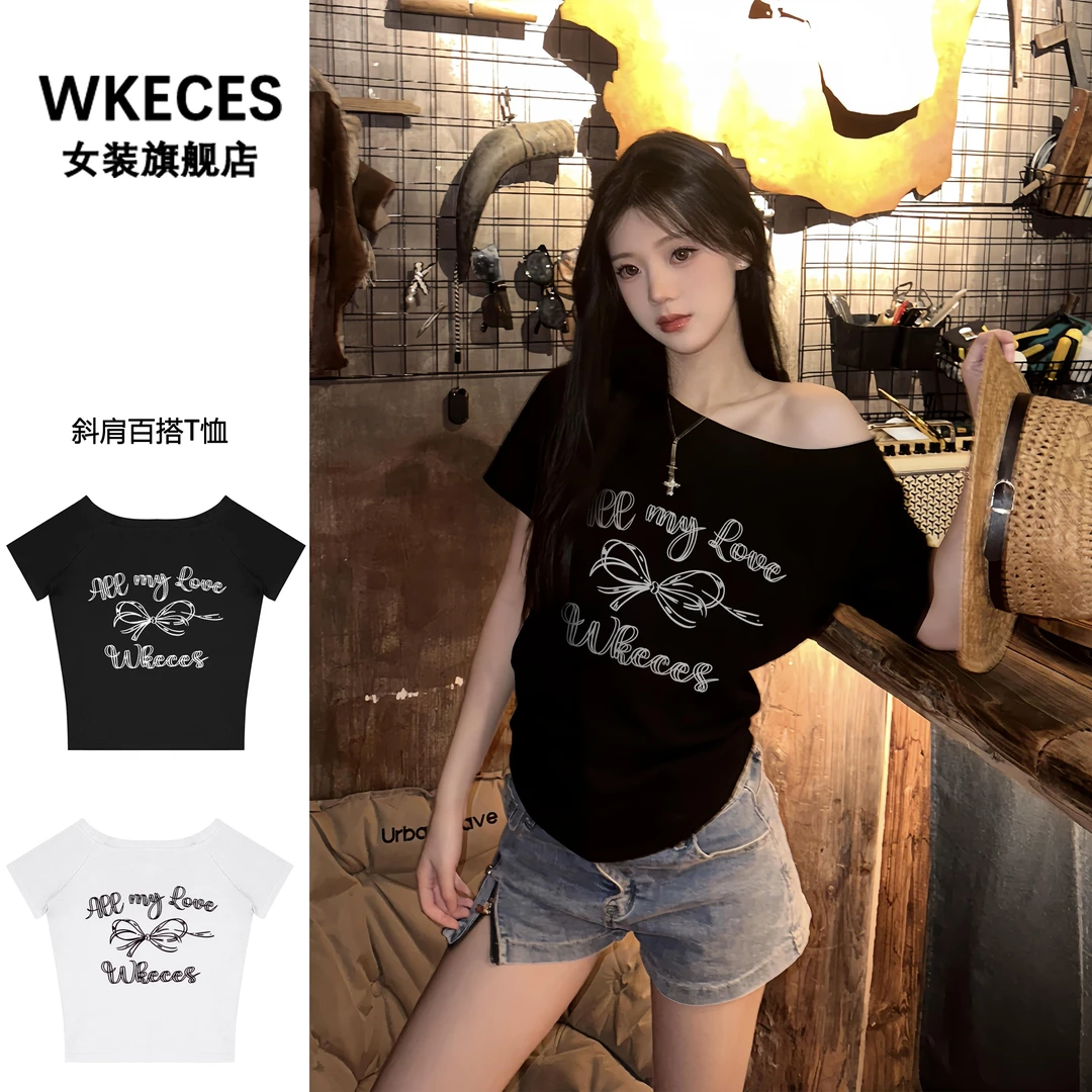 美式复古黑色蝴蝶结印花斜肩短袖t恤女夏季2025新款显瘦百搭上衣