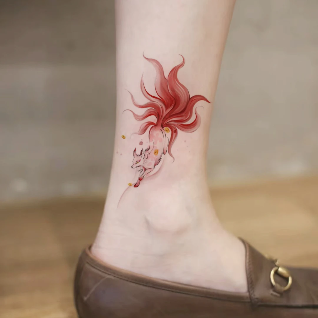 招财好运狐狸 高级感国风九尾狐脚踝大腿腰部彩色纹身贴防水持久