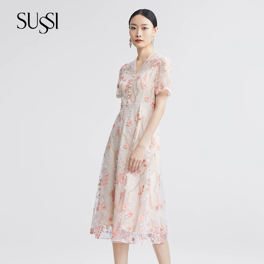 SUSSI/古色24夏商场同款夕岚粉古典优雅刺绣碎花收腰女装连衣裙