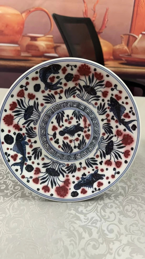 青花釉里红鱼藻原矿釉里红壶承