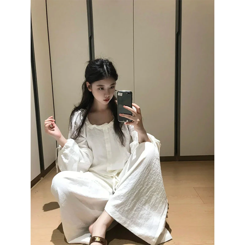 2025简约时尚休闲百搭高级感圆领长袖上衣高腰白色宽松显瘦阔腿裤