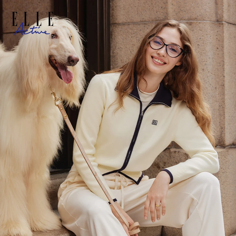 ELLE Active撞色针织开衫女款秋季时尚翻领双拉链休闲上衣老钱风