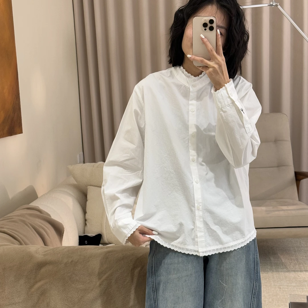 喜樂  2025立领花边刺绣衬衫春季新款时尚百搭文艺复古休闲女上衣