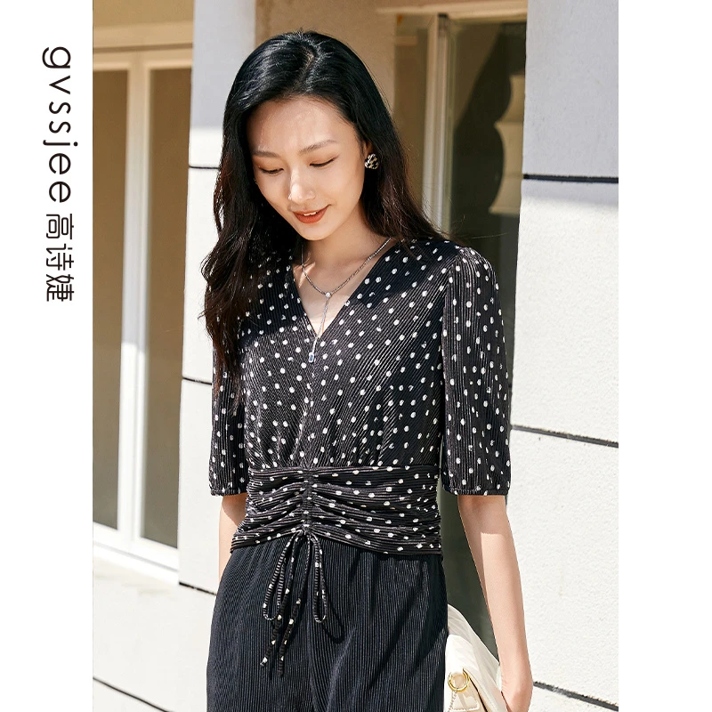 高诗婕夏季复古波点短袖褶皱抽绳上衣女V领t恤232119015-60