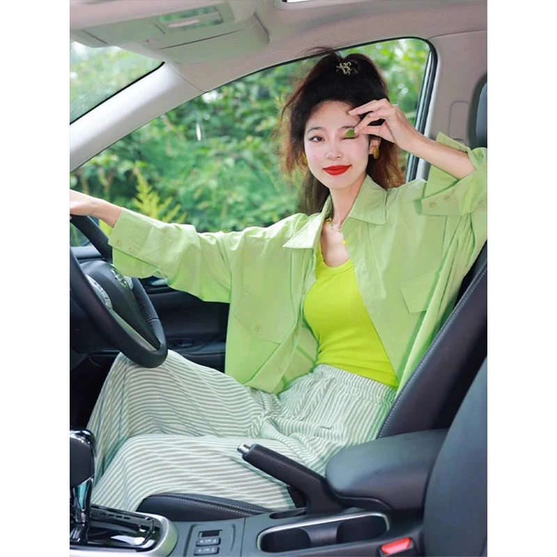 夏天多巴胺穿搭套装绿色衬衫女高级感条纹裤子盐系轻熟两件套装裤