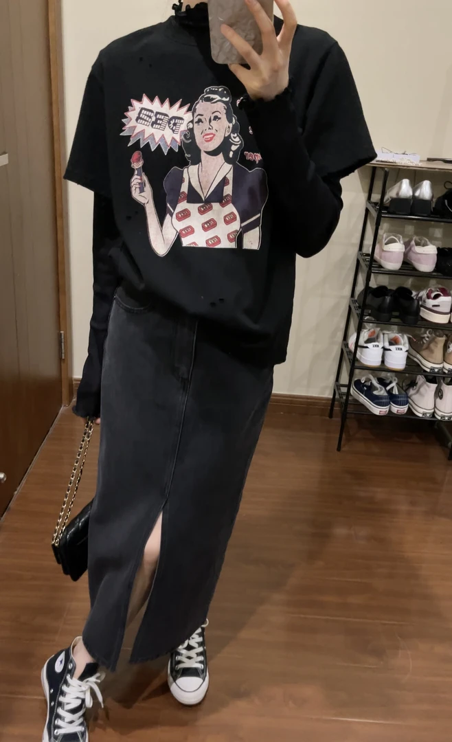 前后开衩牛仔半身裙