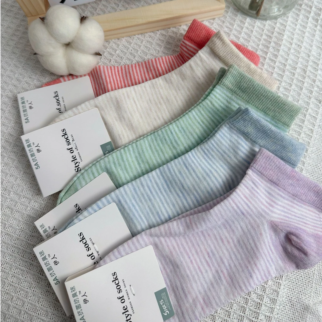 【5双装】新疆棉袜女短筒棉袜可爱糖果条纹色棉质袜子吸汗不臭脚