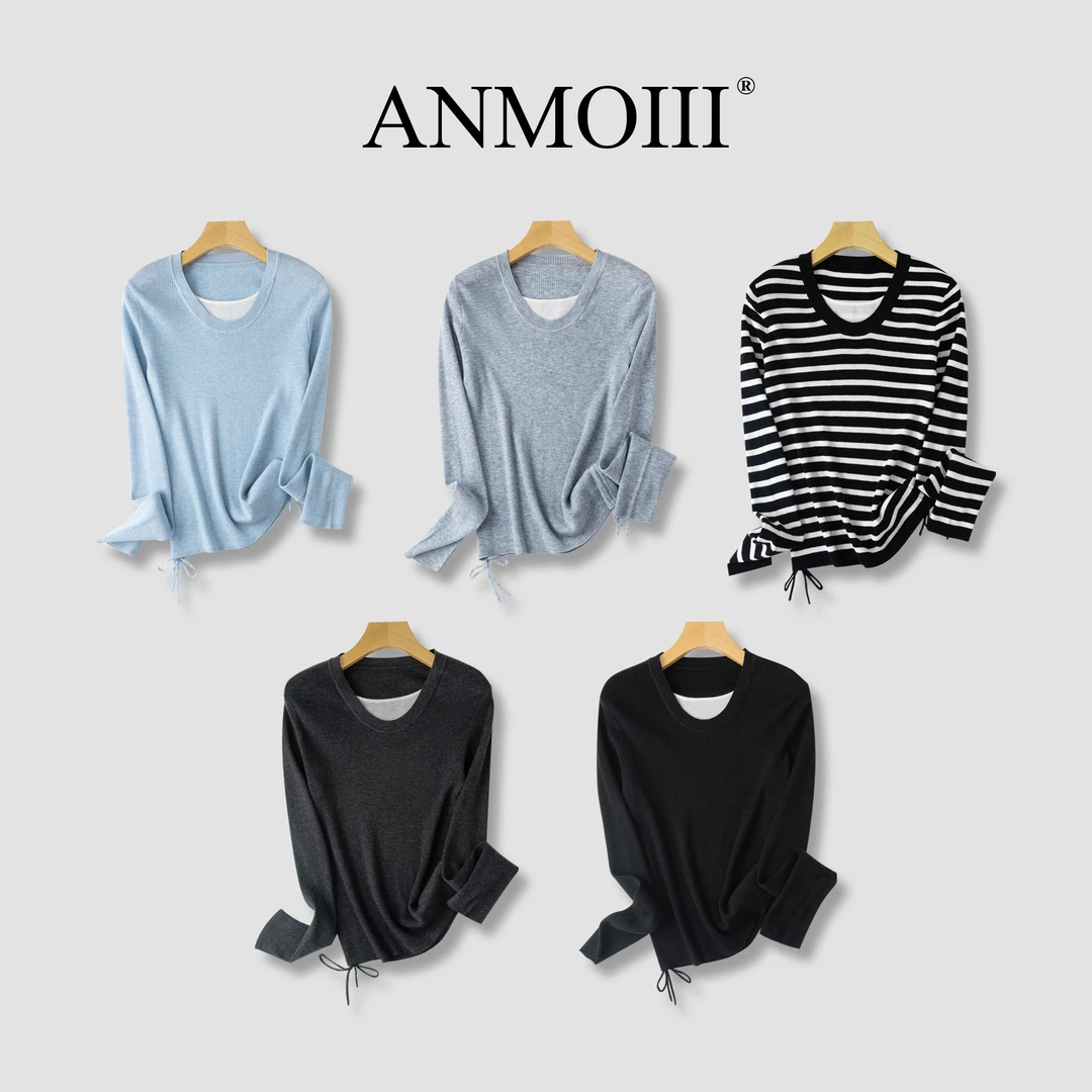 ANMOIII【禾颜】简约撞色假两件长袖针织衫上衣女休闲独特漂亮小衫