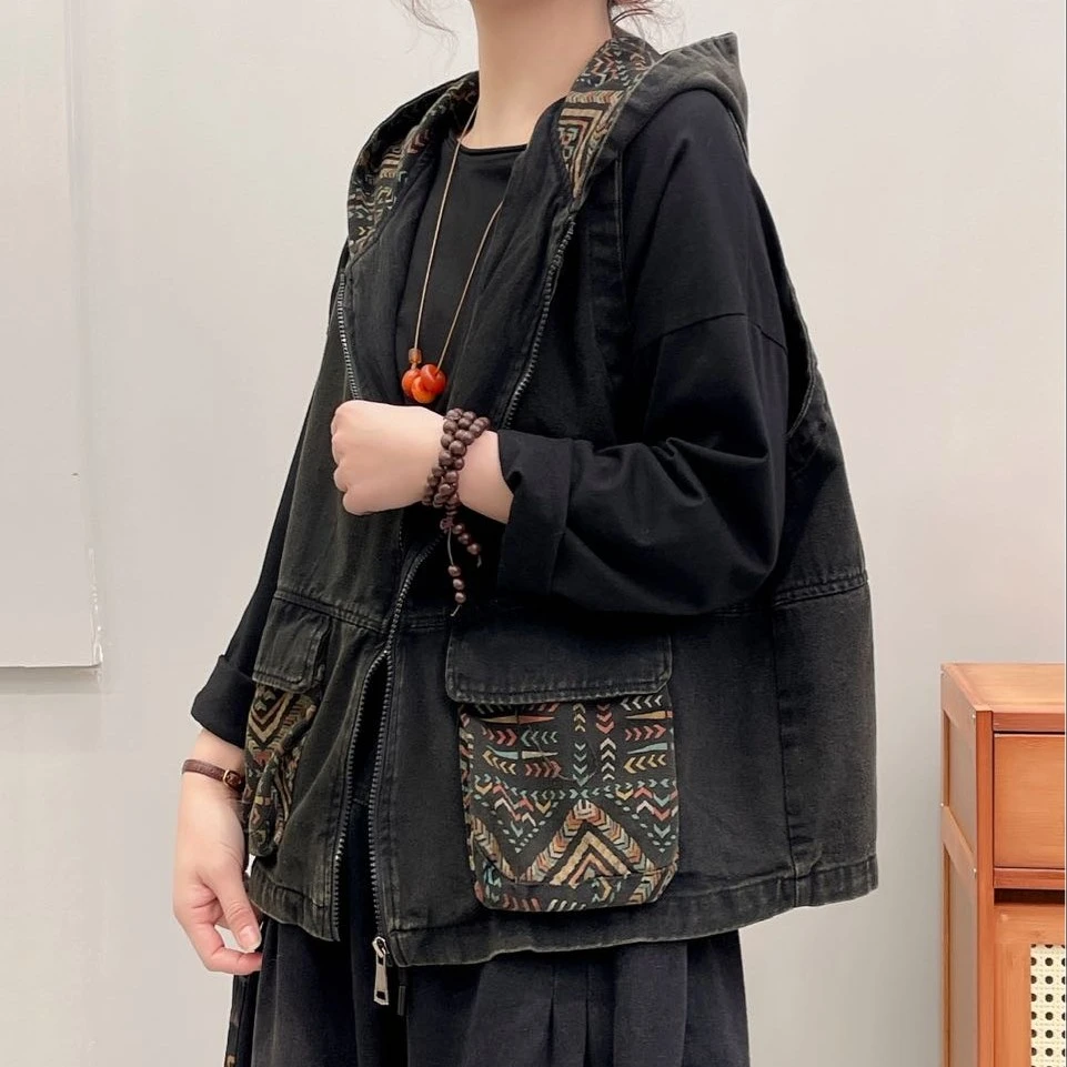 1986新款舒适百搭休闲无袖牛仔连帽马甲女马夹