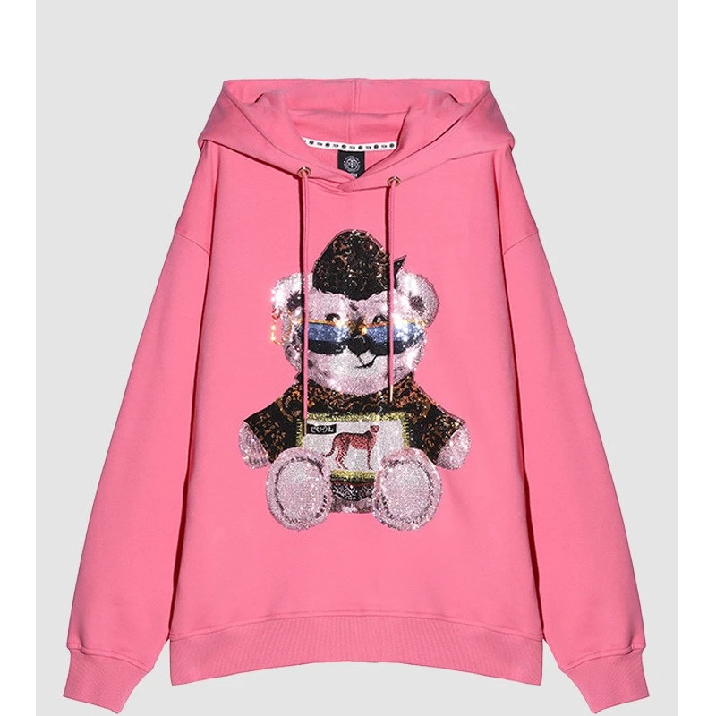 TCH-潮牌墨镜小熊烫钻宽松时尚套头粉色休闲帽衫卫衣T21112C3001