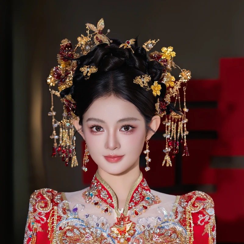 合金婚庆饰品 新娘新款中式红色系蝴蝶流苏秀禾头饰结婚发饰G0312
