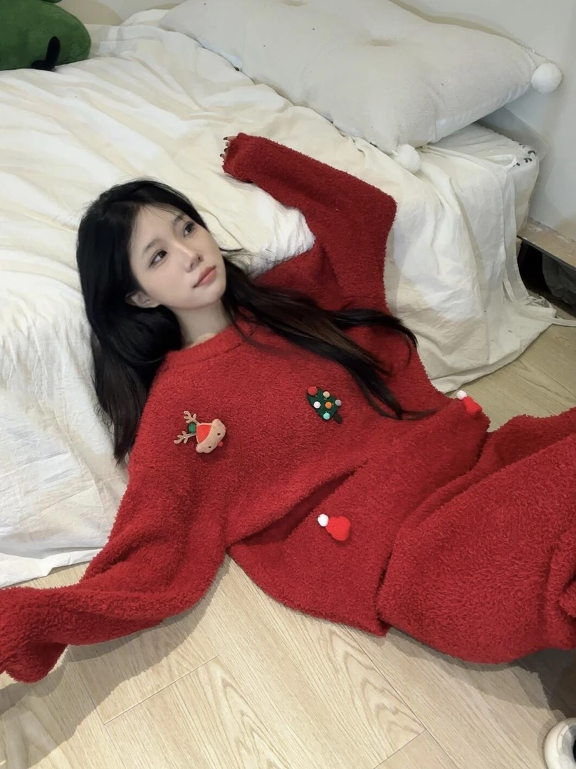 韩版喜庆甜美少女针织半边绒睡衣女秋冬季加厚保暖冬天家居服套装
