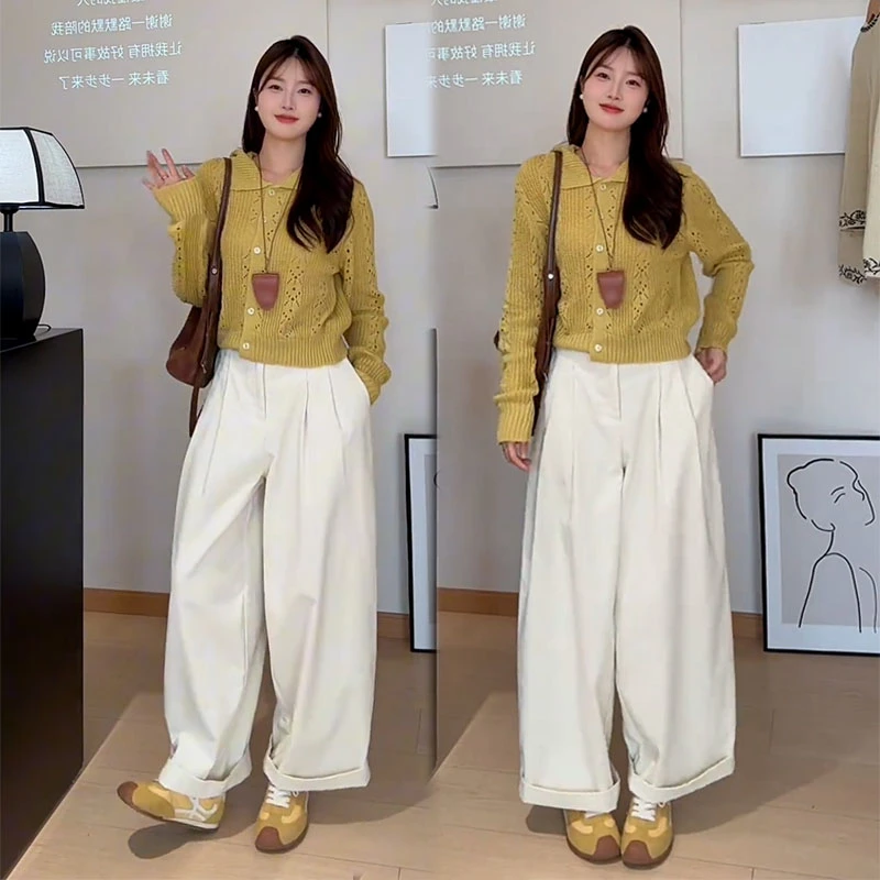 早秋新款设计感法式宽松休闲针织衫开衫外套女休闲阔腿裤两件套装