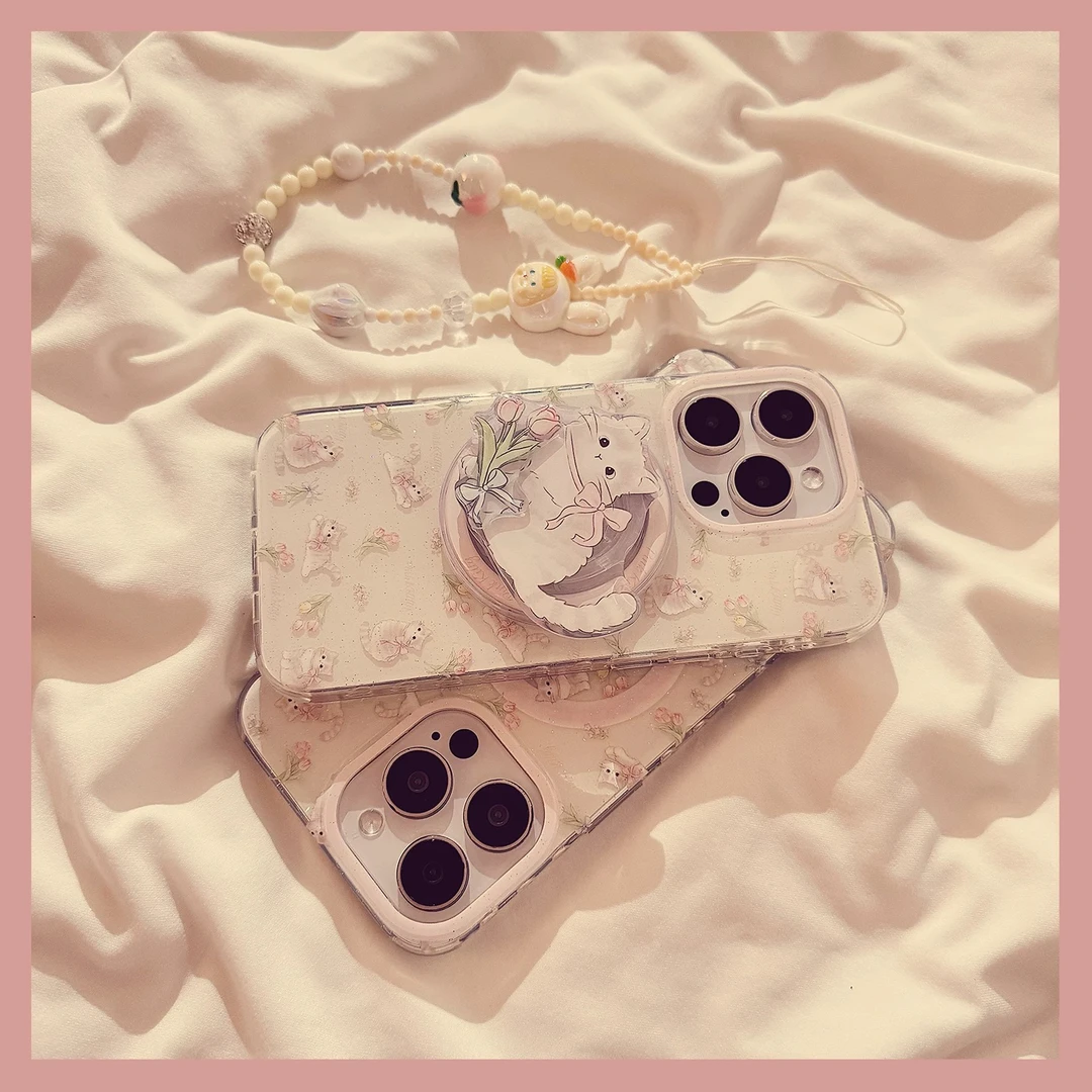 郁金香猫咪磁吸支架iPhone16promax适用苹果15手机壳14少女13链条