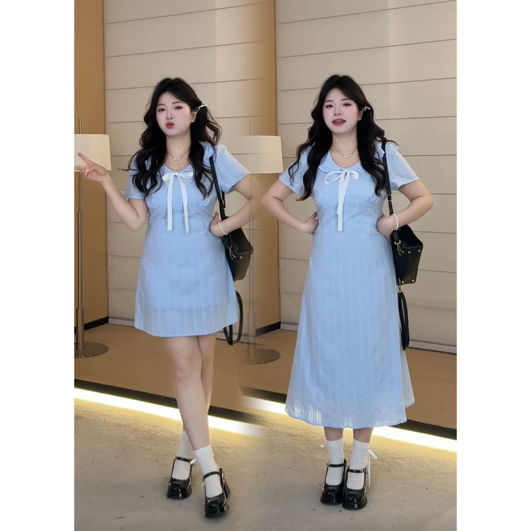 贝贝微胖定制【W3023】夏季法式蝴蝶结温柔棉质收腰连衣裙