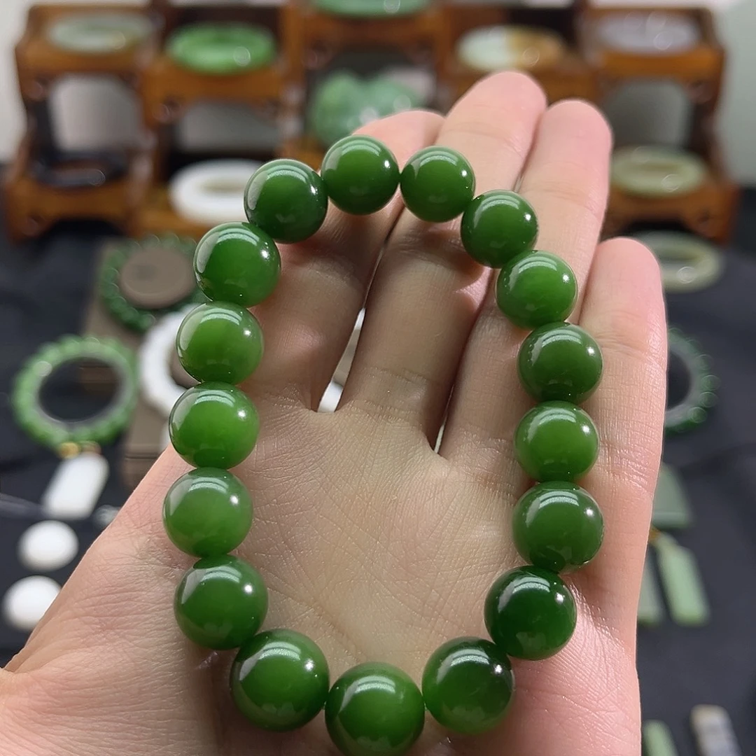颈饰未镶嵌和田玉俄碧-菠菜绿-12mm手串