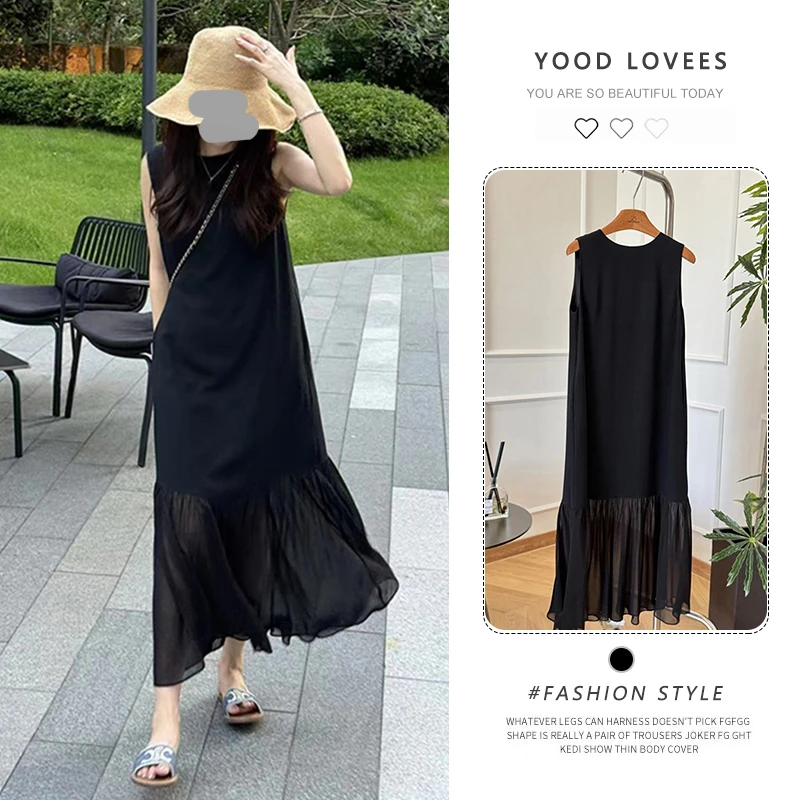 欧货高级感赫本风网纱拼接无袖连衣裙女夏季度假优雅精致背心长裙