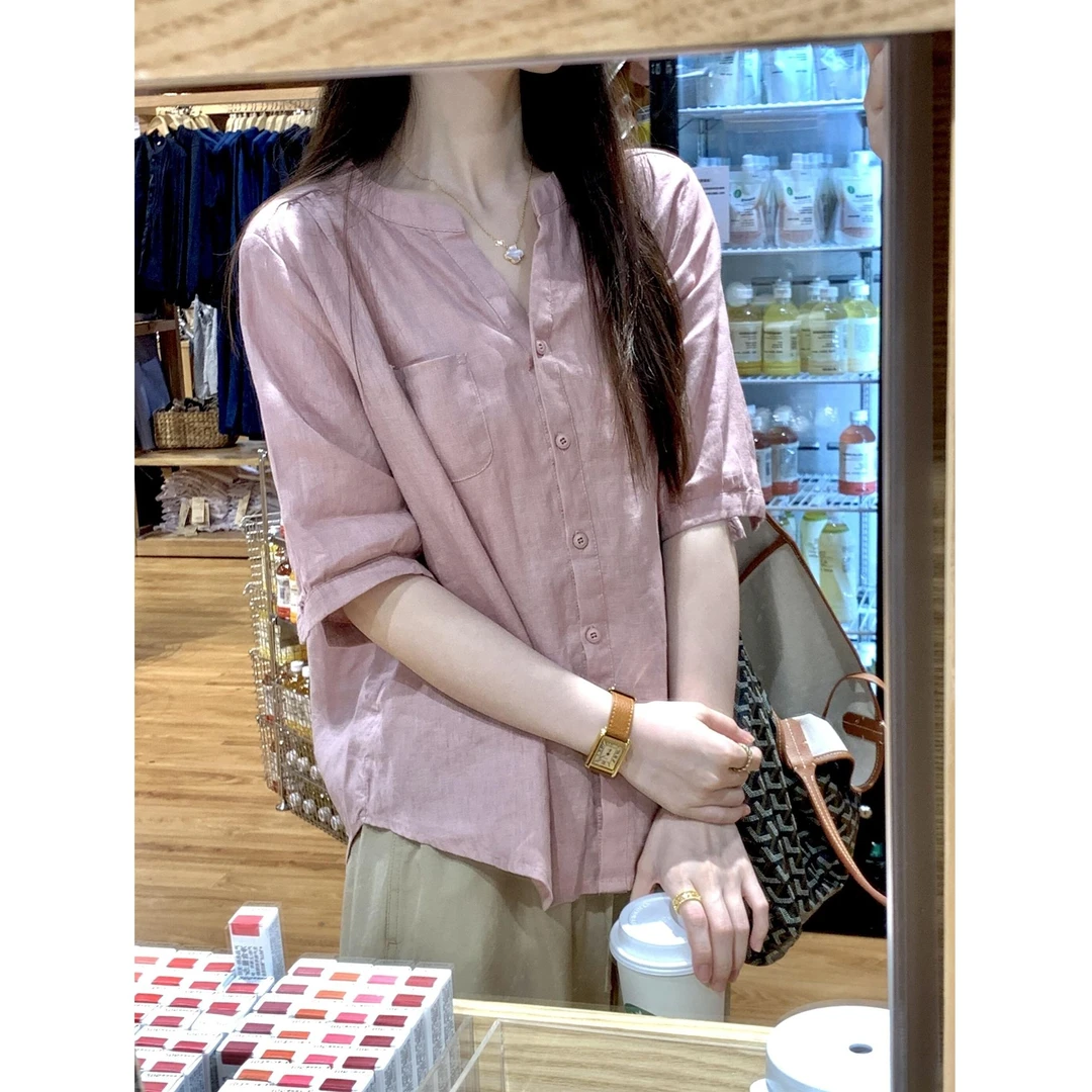 粉色棉麻短袖衬衫女夏季2025新款轻薄款衬衣巨好看的苎麻小衫上衣