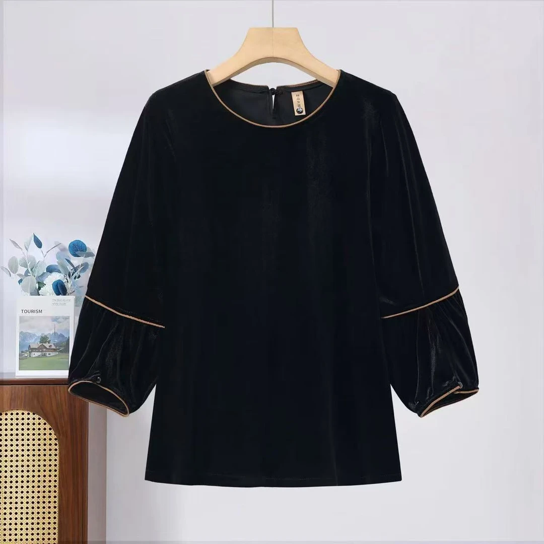 新款宽松时尚洋气气质拼接条早秋长袖上衣